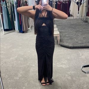 Cutout Glitter Halter Dress with Ruched Skirt